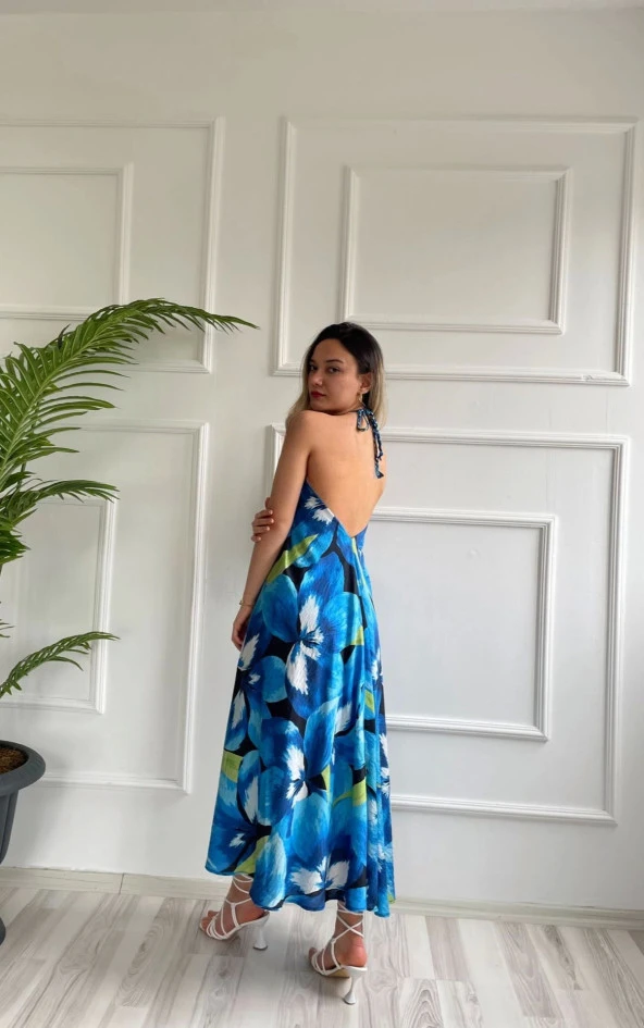 Kadın Desenli Elbise Mavi - Resim 2