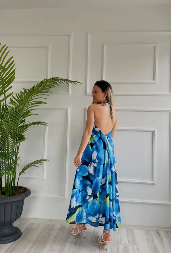 Kadın Desenli Elbise Mavi - Resim 4