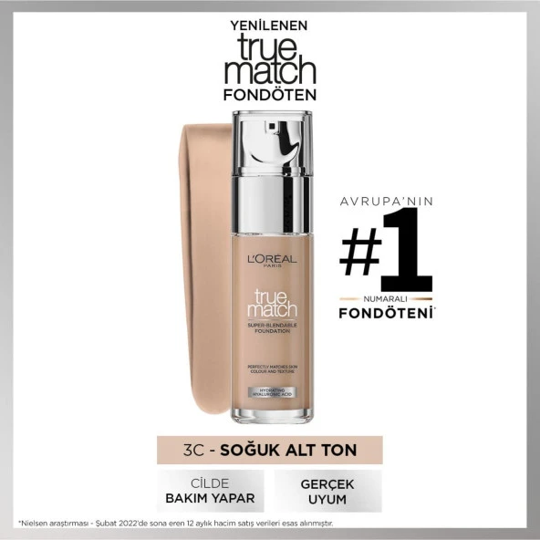 L'Oréal Paris True Match Bakım Yapan Fondöten - 3C Soğuk Alt Ton