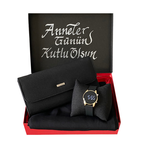 Anneler Günü Siyah Kol Saati Penye Şal Carlino Cüzdan