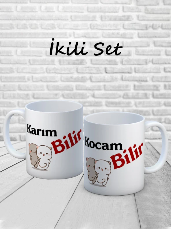 Baskılı Kupa Bardak Seramik Mug - Karım Bilir, Kocam Bilir Set