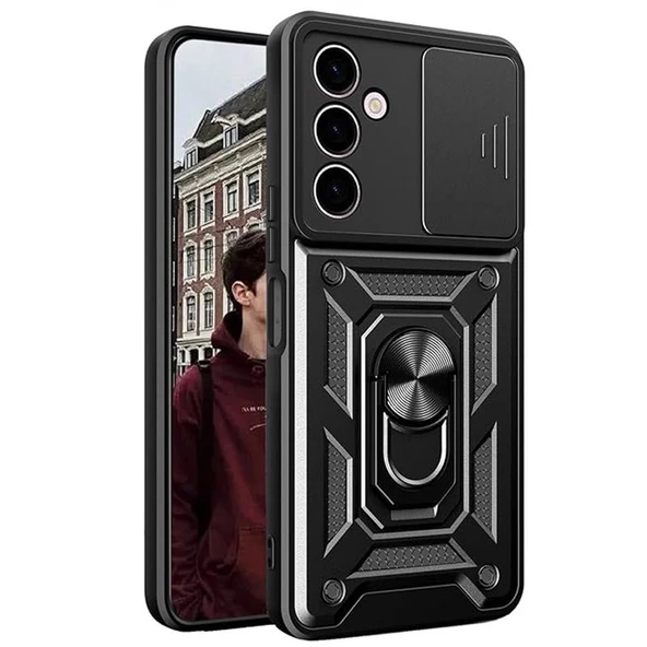 Gpack Samsung Galaxy A15 Kılıf Sert Silikon Tank Aramid Sürgülü Vega Yüzüklü