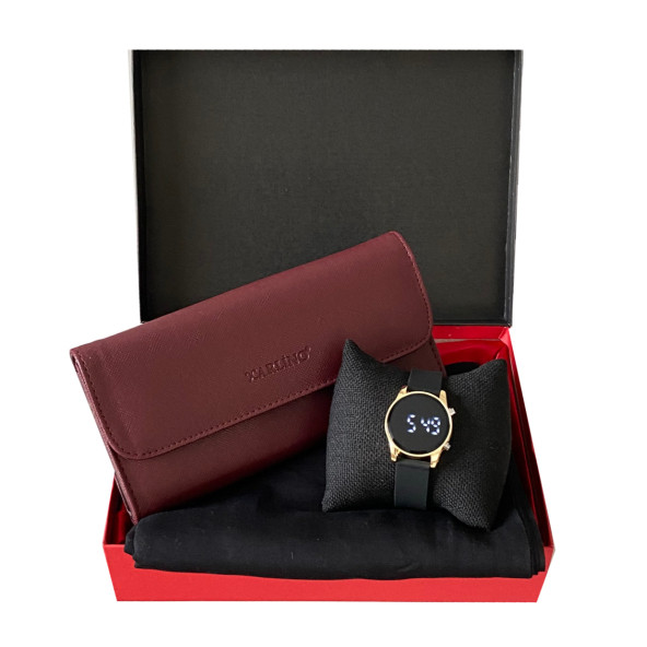 Anneler Günü Bordo Cüzdan Siyah Penye Şal Dijital Kol Saati