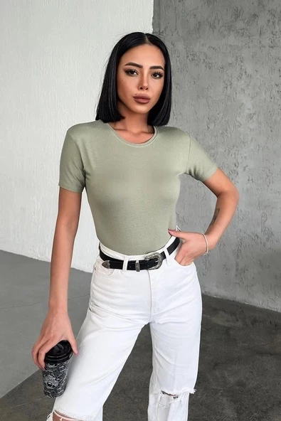 Rahat Ve Şık Kısa Kollu Bisiklet Yaka Likralı Viskon Penye Body Haki