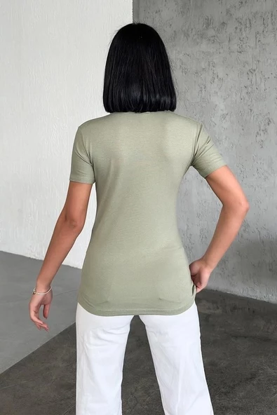 Rahat Ve Şık Kısa Kollu Bisiklet Yaka Likralı Viskon Penye Body Haki - 4