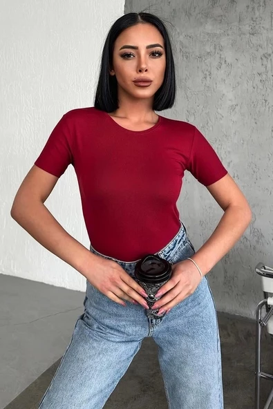 Rahat Ve Şık Kısa Kollu Bisiklet Yaka Likralı Viskon Penye Body Bordo - 2