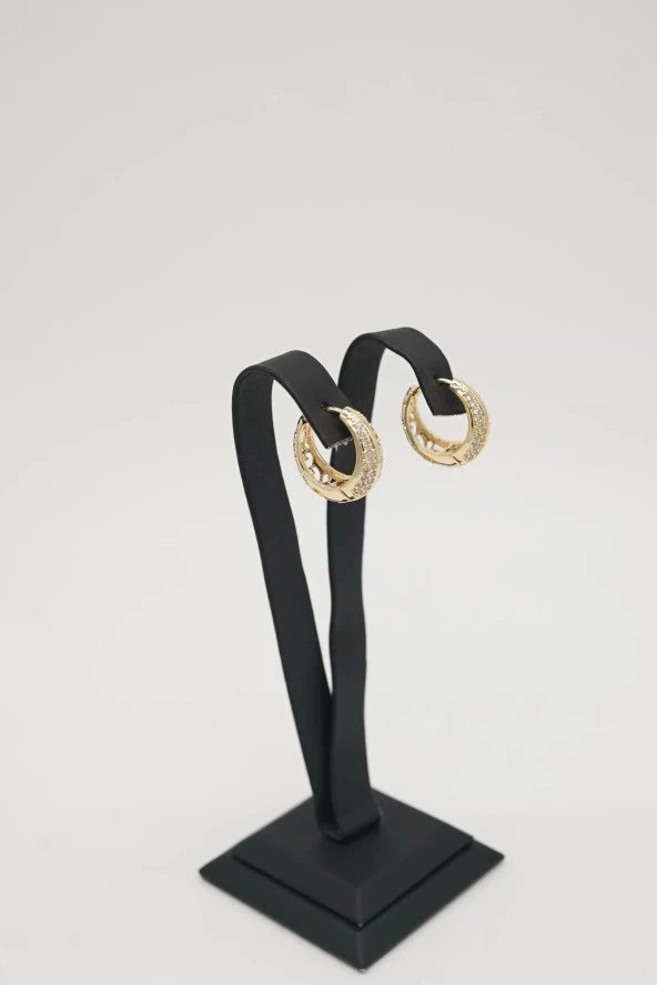 Zirkon Taşlı Halka Gold Renk Çelik Küpe - 2