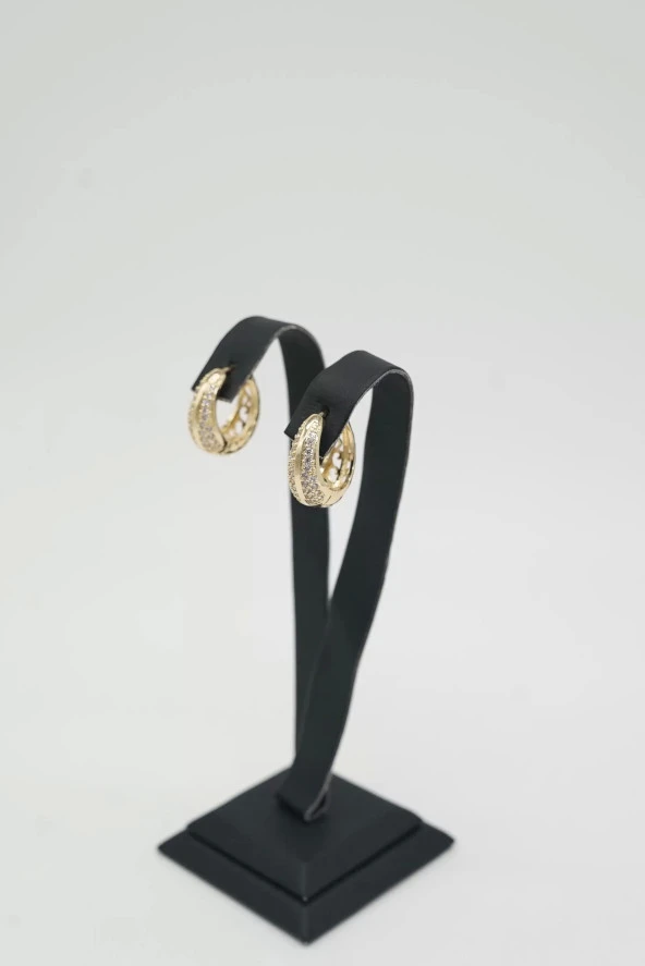 Zirkon Taşlı Halka Gold Renk Çelik Küpe - 4