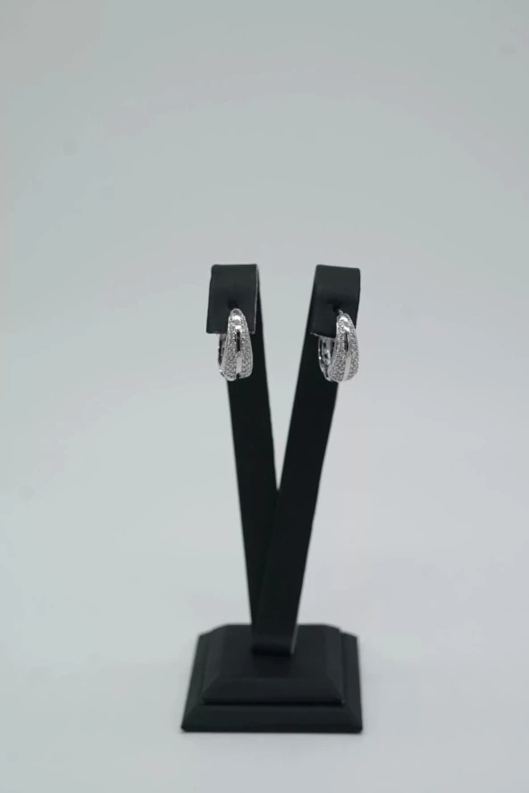 Zirkon Taşlı Halka Gümüş Renk Çelik Küpe - 2