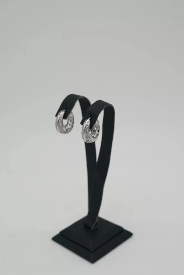 Zirkon Taşlı Halka Gümüş Renk Çelik Küpe - 3