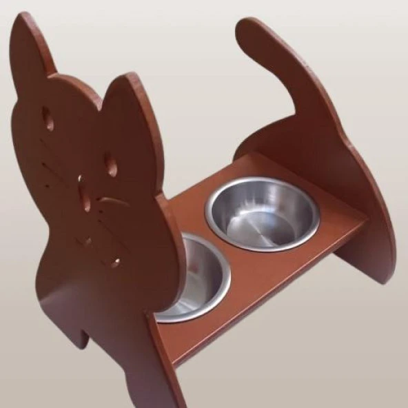 Hobi ERC 90373 MODEL Kedi Mama Ve Su Kabı Seti MDF Ceviz Renk Paslanmaz Tabak - 2