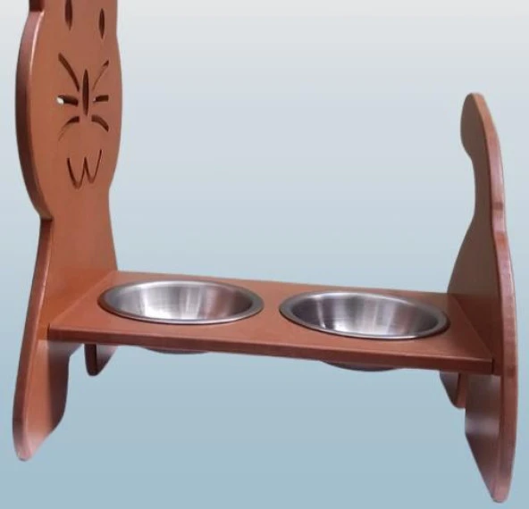 Hobi ERC 90373 MODEL Kedi Mama Ve Su Kabı Seti MDF Ceviz Renk Paslanmaz Tabak - 3