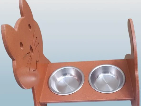 Hobi ERC 90373 MODEL Kedi Mama Ve Su Kabı Seti MDF Ceviz Renk Paslanmaz Tabak - 4