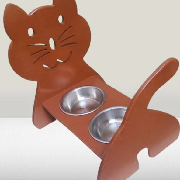 Hobi ERC 90373 MODEL Kedi Mama Ve Su Kabı Seti MDF Ceviz Renk Paslanmaz Tabak - 5