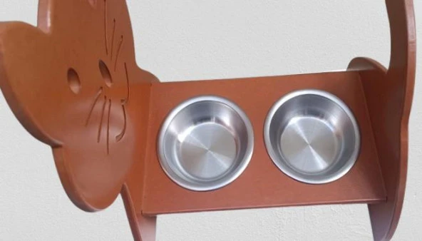 Hobi ERC 90373 MODEL Kedi Mama Ve Su Kabı Seti MDF Ceviz Renk Paslanmaz Tabak - 6