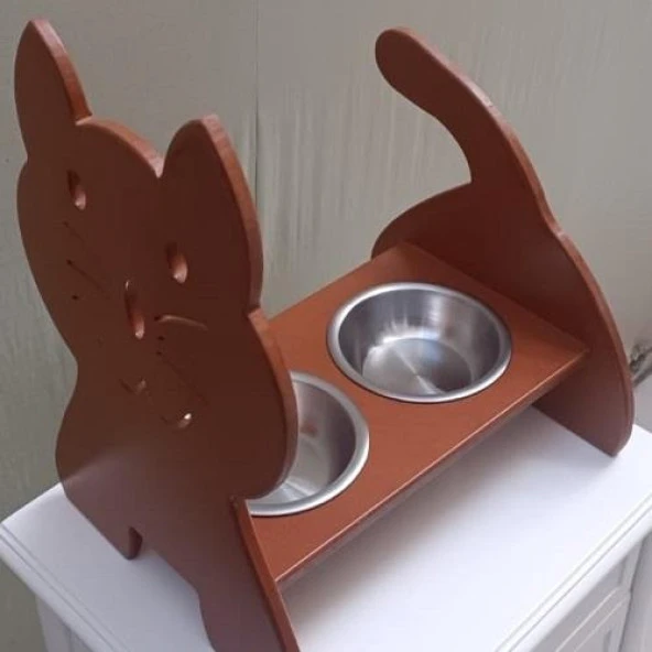 Hobi ERC 90373 MODEL Kedi Mama Ve Su Kabı Seti MDF Ceviz Renk Paslanmaz Tabak - 9