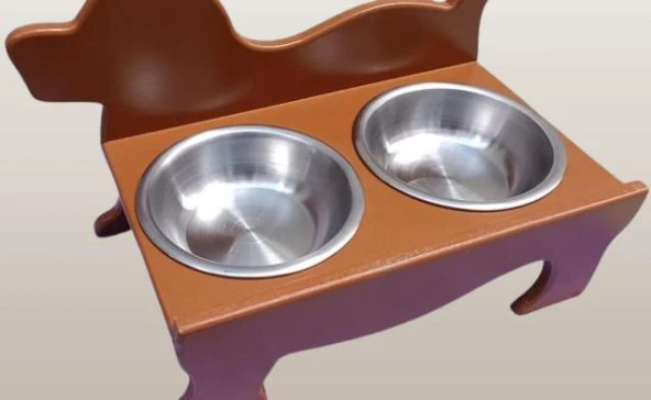 Hobi ERC MODEL 90374 KÖPEK Mama Ve Su Kabı Seti MDF Ceviz Renk Paslanmaz Tabak - 2