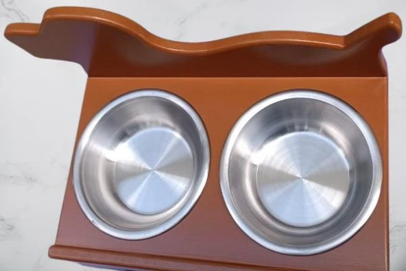 Hobi ERC MODEL 90374 KÖPEK Mama Ve Su Kabı Seti MDF Ceviz Renk Paslanmaz Tabak - 6