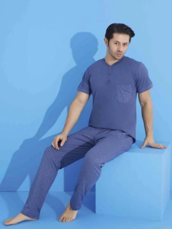 Erkek Cepli Üçgen Desenli Kısa Kol Pijama Takımı 5030