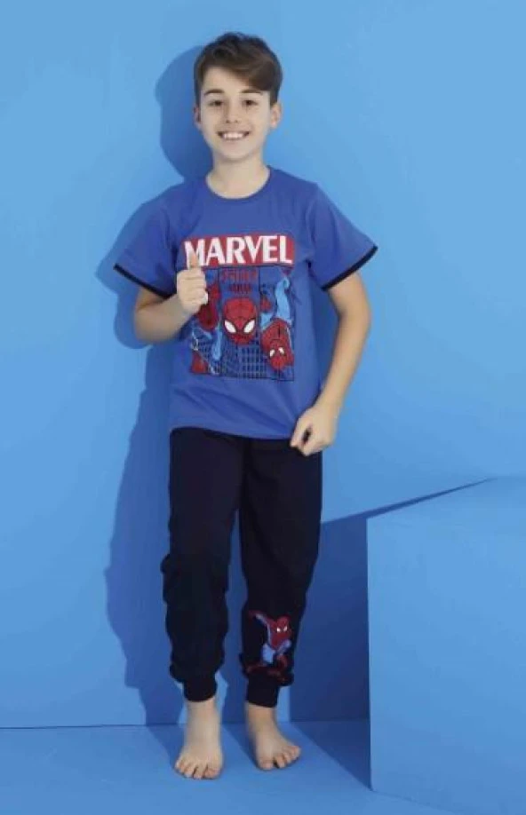 Erkek Çocuk Mavi  Spiderman Marvel Baskılı Kısa Kol Garson  Pijama Takımı 364040