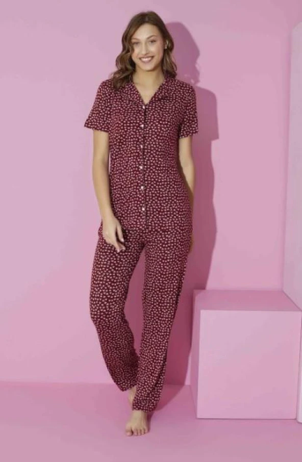 Kadın Önden Düğmeli  Kalpli Kısa Kollu Pijama Takımı 6000-2
