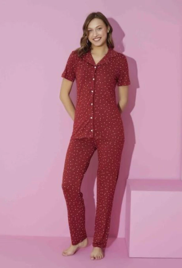 Kadın Önden Düğmeli Puantiyeli Kısa Kollu Pijama Takımı-K 6000