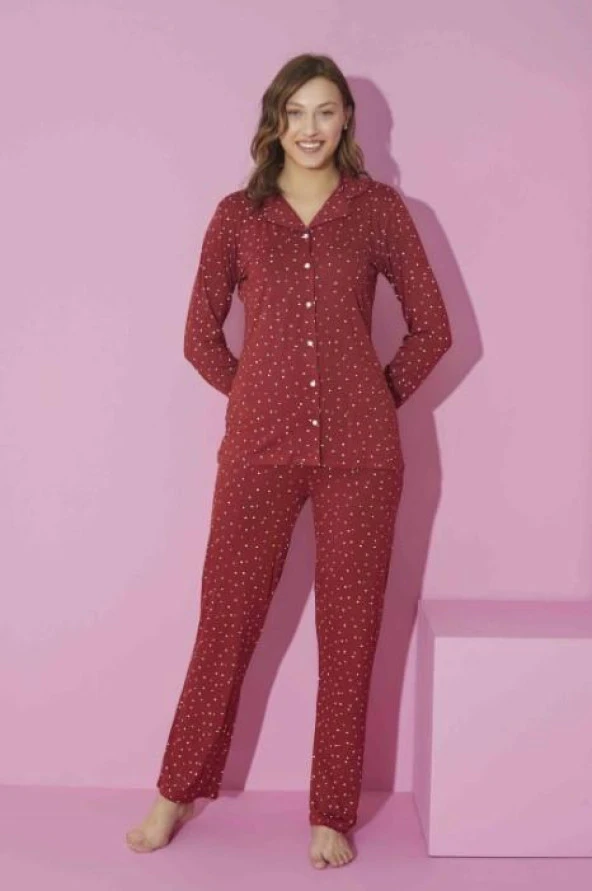 Kadın Önden Düğmeli Puantiyeli Uzun Kollu Pijama Takımı K-6100