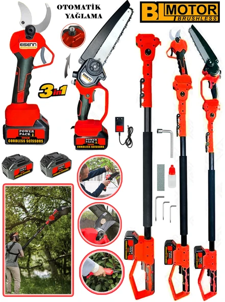 Eisenn German Red 3 Lü Budama Set BL Fırçasız Motor  Yağlamalı  Budama Testeresi + Bağ Makası + Teleskop
