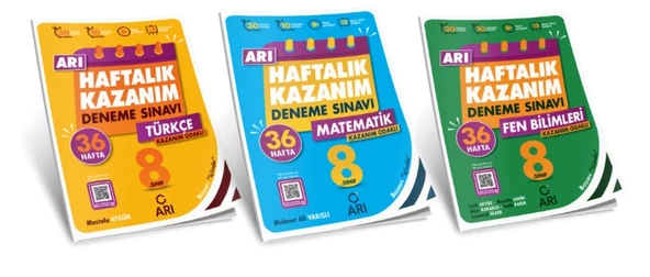 ARI YAYINLARI 8. Sınıf Türkçe - Matematik - Fen Bilimleri Arı Haftalık Kazanım Deneme (3 Kitap)