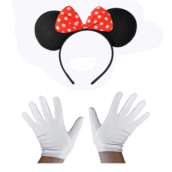 Kırmızı Fiyonklu Minnie Mouse Tacı ve Beyaz Eldiven Seti (4401)