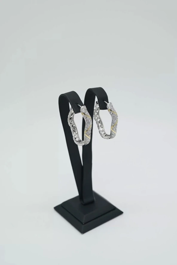 Zirkon Taşlı Desenli Halka Çelik Küpe - 4