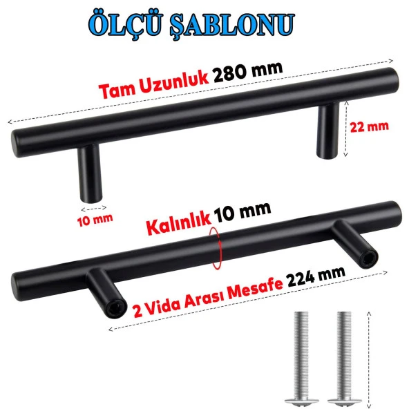 Mobilya Mutfak Çekmece Dolap Kapak Kulpu Kulbu 224 mm Mat Siyah Metal Kulp - Resim 2