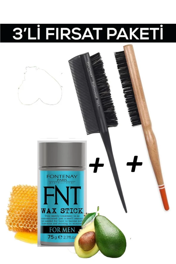 Fontenay Hair Wax Stick For Men+ Profesyonel Topuz Fırçası 3033 +Topuz Krepe Şiş Tarak 3043 3'Lü Set