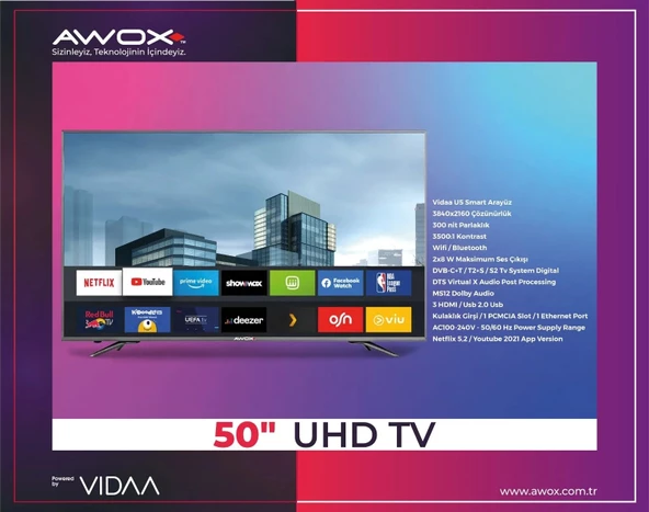 Awox B235000 50" 127 Ekran Uydu Alıcılı 4K Ultra HD VİDAA Smart LED TV (Çerçevesiz) - Resim 3