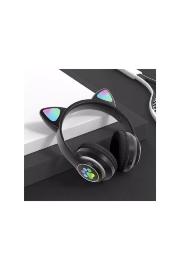 Siyah Kedi Kulağı Bluetooth 5.0 kablosuz Çocuk Kulaklığı Işıklı Vilya Kulak Detaylı - Resim 2