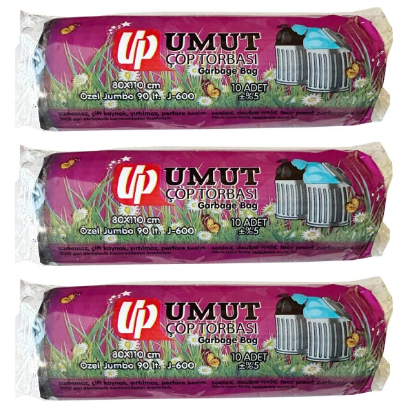 Umut Endüstriyel Jumbo Çöp Torbası Poşeti - 2 Kat - Siyah - 600 Gr. - 80x110 Cm. -10 Adetlik 3 Rulo - 1