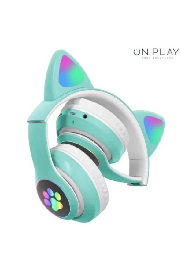 Su Yeşili Bluetooth 5.0 kablosuz Çocuk Kulaklığı Işıklı Vilya Kedi Kulağı Detaylı - 2