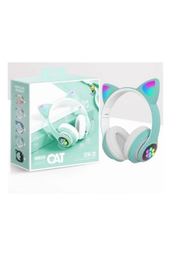 Su Yeşili Bluetooth 5.0 kablosuz Çocuk Kulaklığı Işıklı Vilya Kedi Kulağı Detaylı - 3