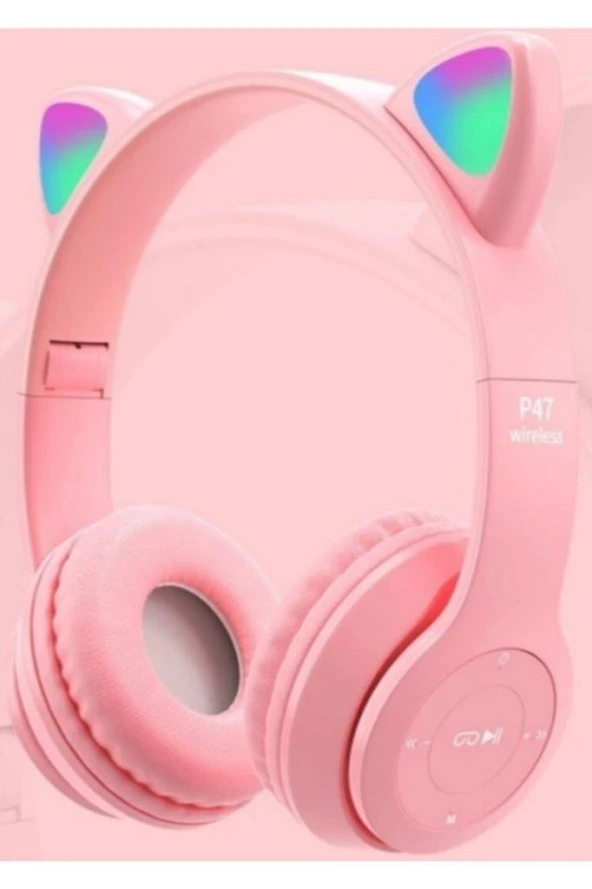 PEMBE Renkli Bluetooth 5.0 Led Işıklı Kedi Kulaklık Detaylı Mikrofonlu