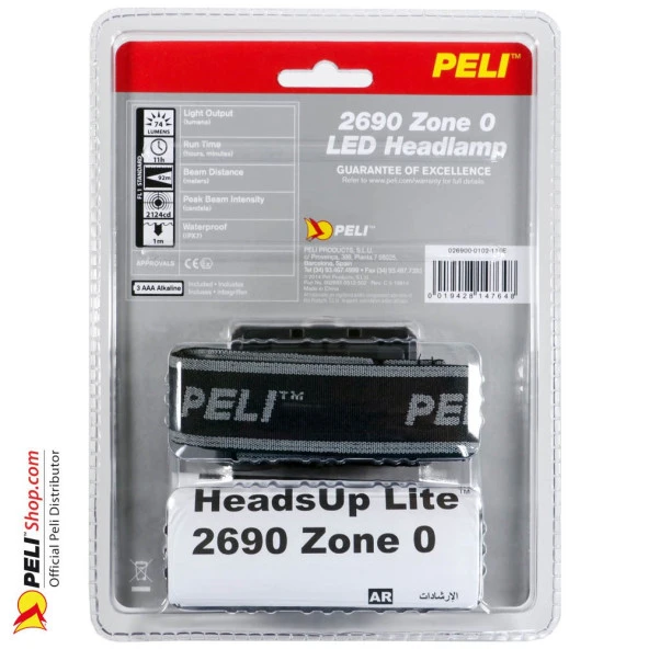 Peli 2690Z0 HeadsUp Lite LED ATEX Zone 0 Far, Antistatik Kafa Bandı, Siyah - ATEX 2015 - 2