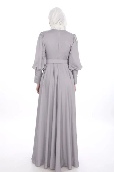Göğüs Detaylı Saten Elbise 696-Gri - 4
