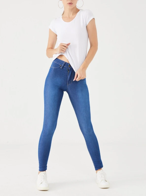 Bezuvo Kadın Mavi Yüksek Bel Patı Fermuarlı Straight Fit Jean Pantolon