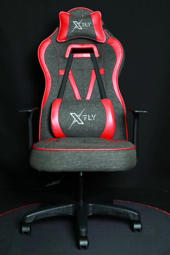 XFLY Vendetta Oyuncu Koltuğu Kırmızı Deri Gri Keten Kumaş Sabit Mekanizmalı Sandalye - 1509B0511 - 5