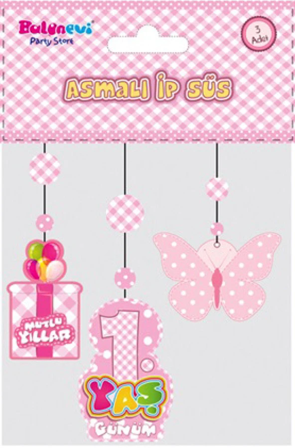 1 Yaş Temalı Asmalı İp Süs Pembe Renk 3 lü Set 12x45 cm (44Pyr34)