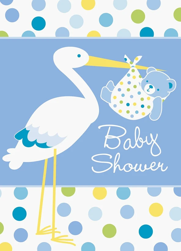 Baby Boy Stork Temalı Mavi Renk Baby Shower Davetiye 8 Adet (44Pyr34)