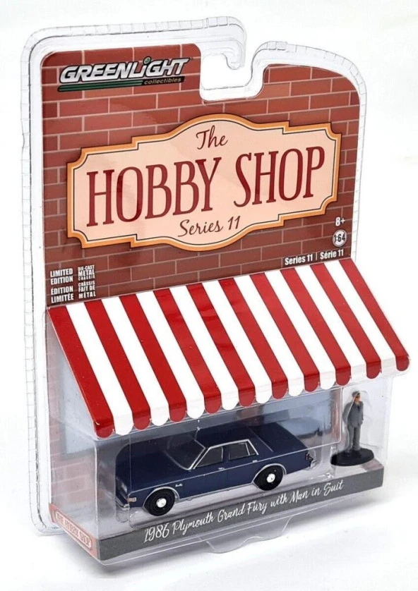 Greenlight Hobby Shop Series 11 1986 Plymouth Grand Fury With Man in Suit 1:64 Mavi Model Araba