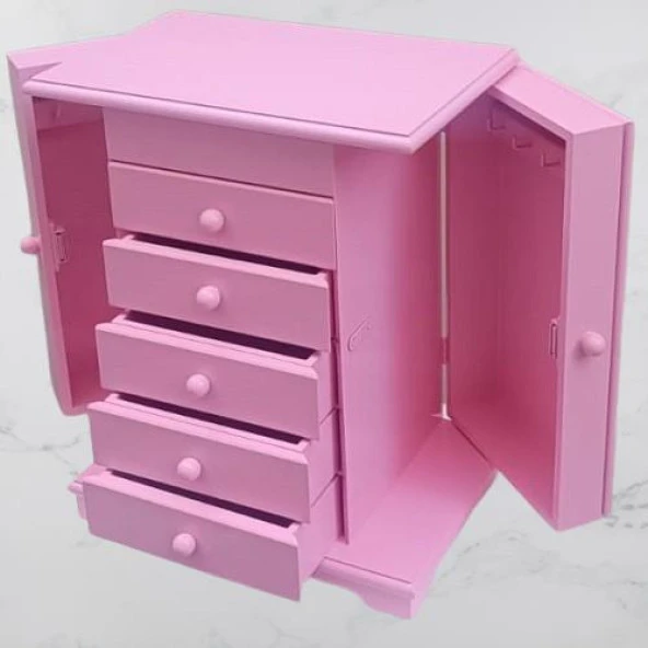 Hobi Dekoratif 90377 Takı Şifonyer 5Çekmece Parlak Pembe Lake Boya El Yapım - 4