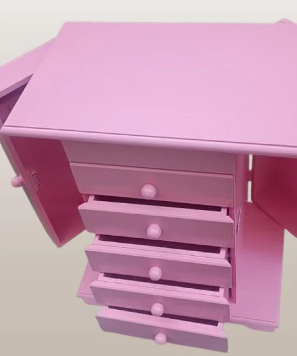 Hobi Dekoratif 90377 Takı Şifonyer 5Çekmece Parlak Pembe Lake Boya El Yapım - 9