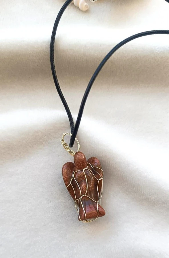 Kolye Melek Doğal Taş Mavi Goldstone El İşi Tel Sarma Tasarım Çakra Charm Takı Kadın Kız Örgü - 2