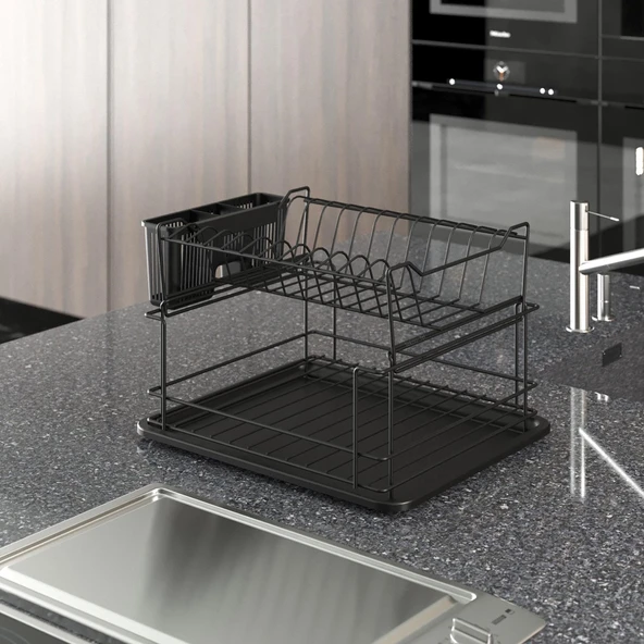 TEKNOTEL İKİ KATLI MODÜLER TABAKLIK BULAŞIKLIK MAT SİYAH KB010 - 2